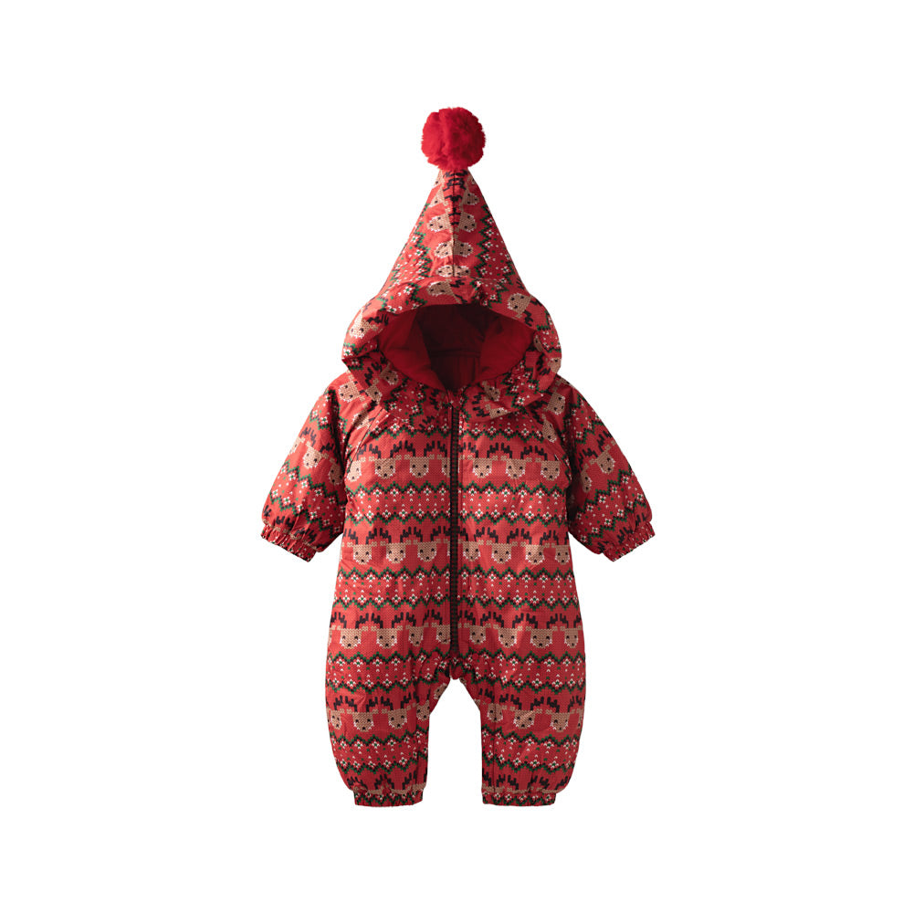 Cozy Fair Isle Baby Snowsuit | Warm Hooded Winter One-Piece for Holiday Season