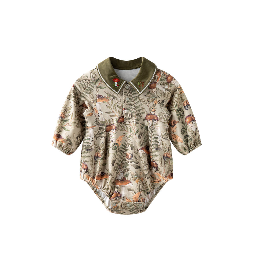 Baby Romper – Forest Mushroom Print with Embroidered Collar | Lightweight Snap Jumpsuit for Easy Diaper Change