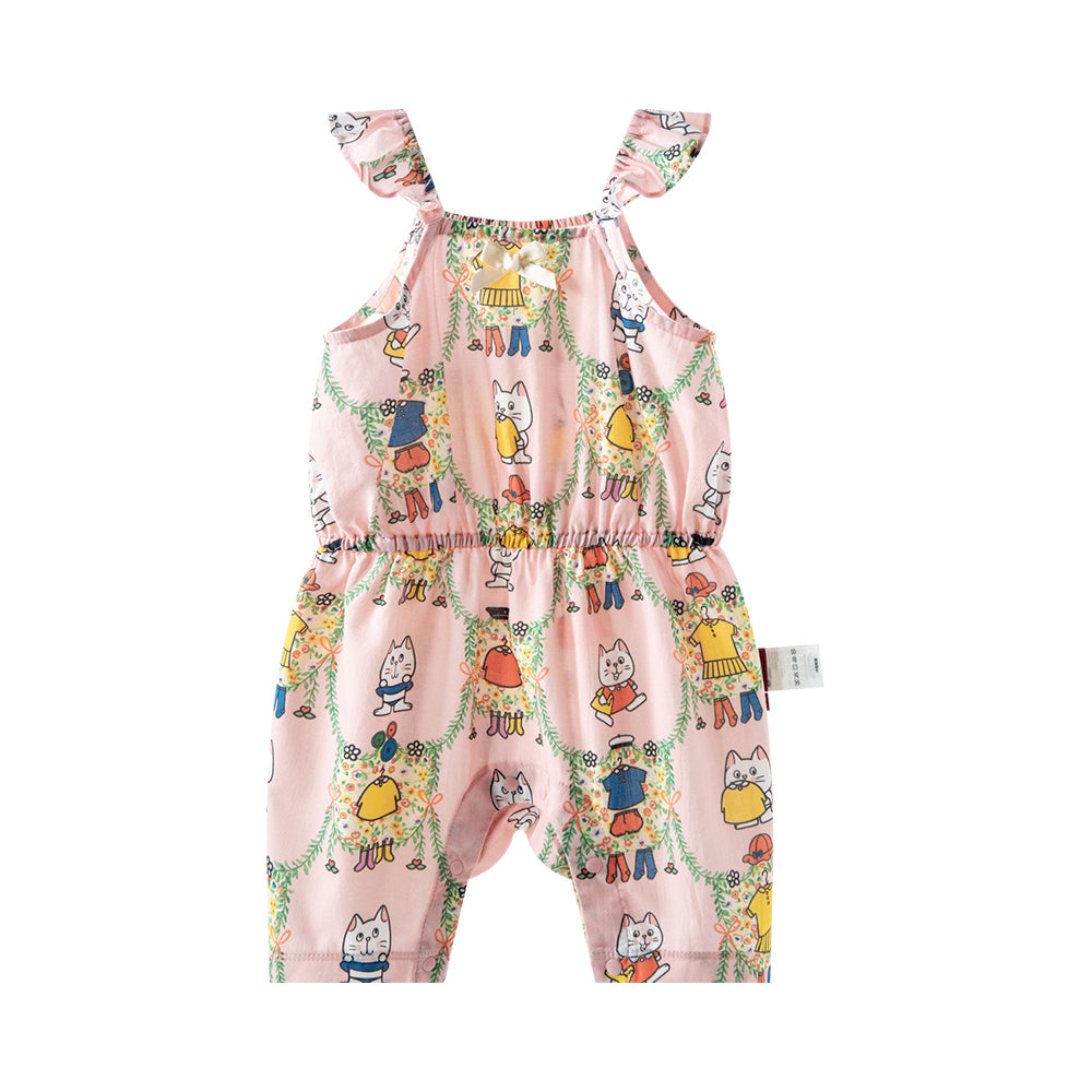 🐱 Kitty Garden Baby Romper – Soft Cotton with Ruffle Straps | Cute Baby Girl Jumpsuit 🌸