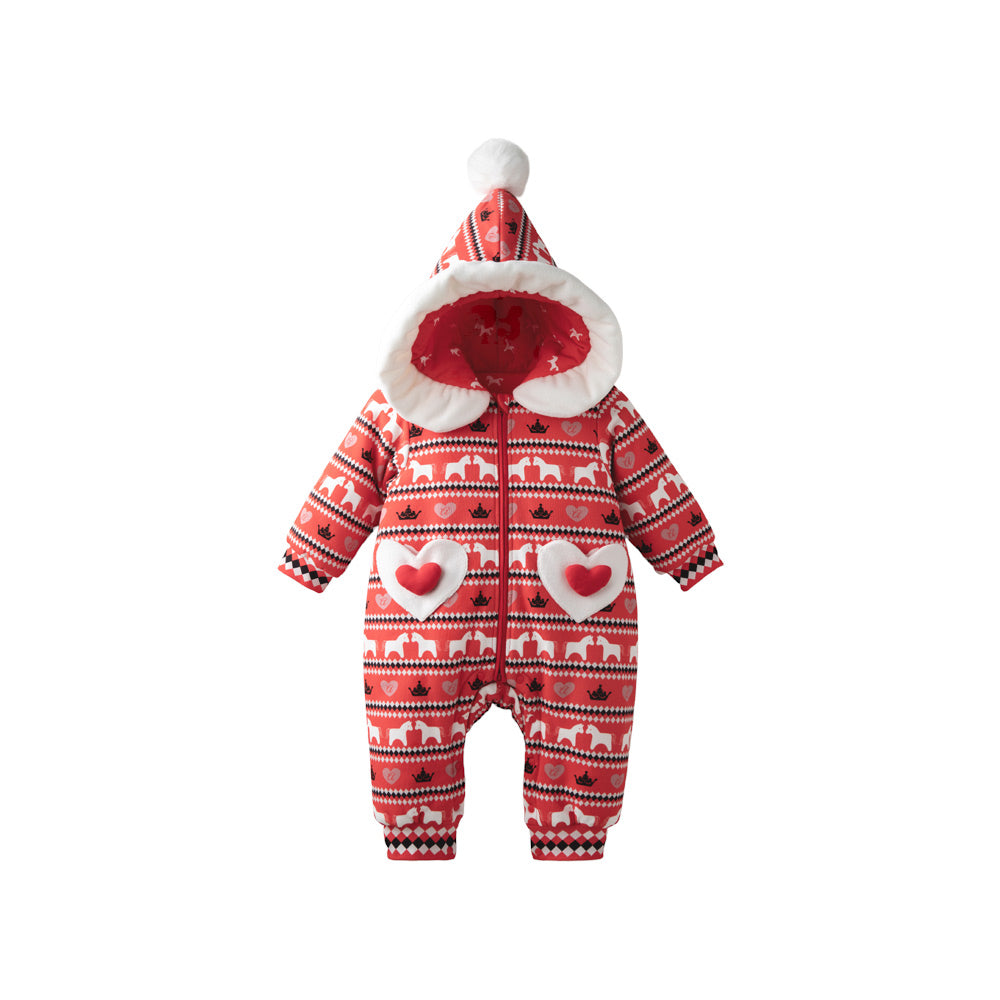 Nordic Fair Isle Baby Romper in Festive Red | Soft Padded One-Piece for Cool Weather (5°C–15°C)