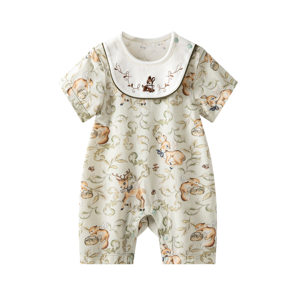 Bib Collar Deer Embroidery Short Sleeve Romper  (3mths-2yrs)