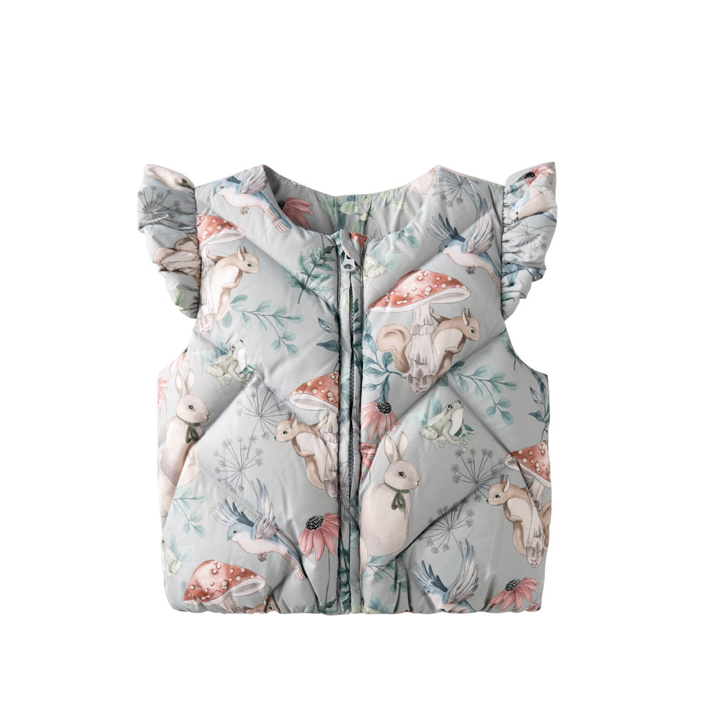 Lightweight Down Baby Vest with Floral Woodland Print | Cozy Layering Piece for Cool Weather (0°C–10°C)