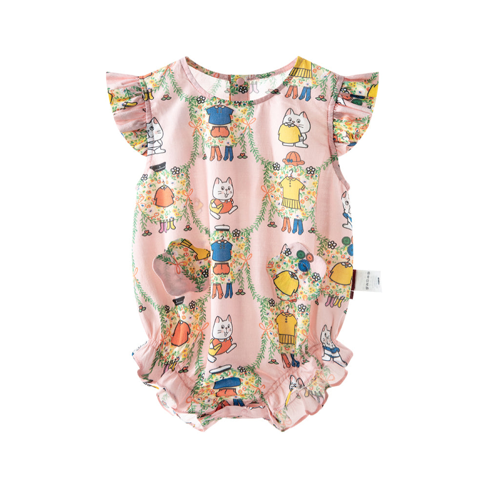 🐱 Kitty Fun Baby Onesie – Soft Cotton with Ruffle Sleeves | Cute Baby Girl Bodysuit 🌸