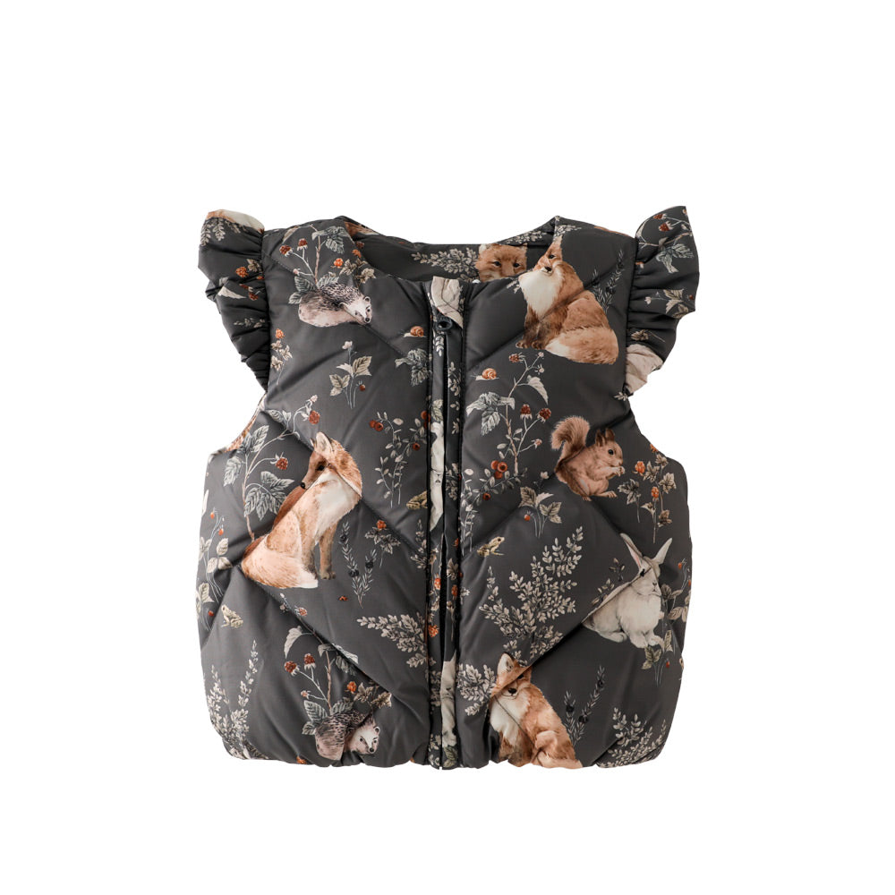 Lightweight Down Baby Vest with Floral Woodland Print | Cozy Layering Piece for Cool Weather (0°C–10°C)